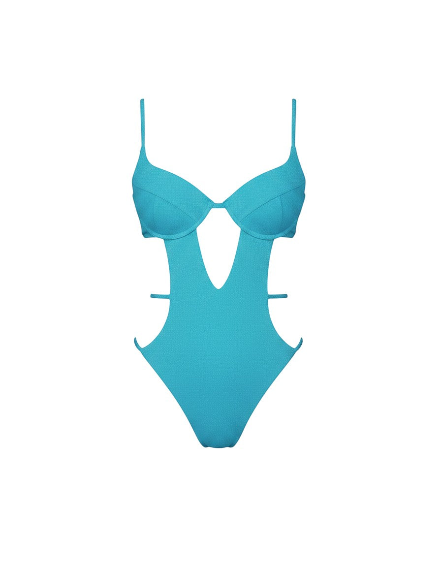 Belezini turquoise textured one-piece swimsuit with plunging neckline, cutouts, and strappy waist detail.