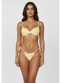Belezini pastel yellow string bikini set with underwire top and adjustable tie-side bottoms. Stretchy fabric.