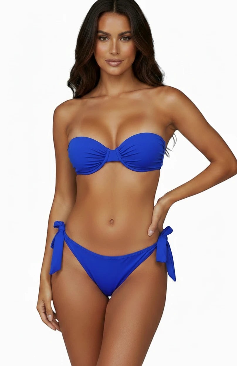 Belezini strapless cobalt blue bikini set with twisted bandeau top and adjustable tie-side bottoms. Smooth, quick-drying fabric.