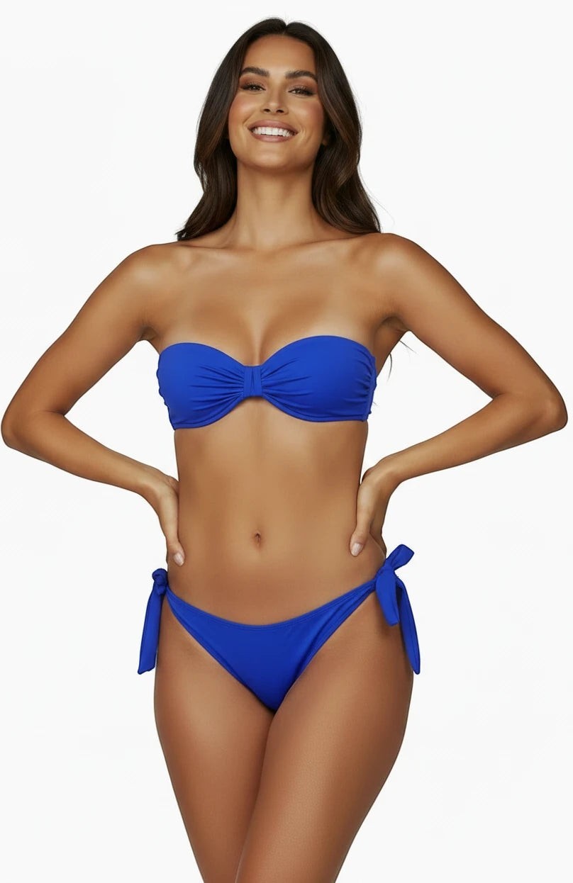 Belezini strapless cobalt blue bikini set with twisted front top and adjustable tie-side bottoms. Quick-drying fabric.