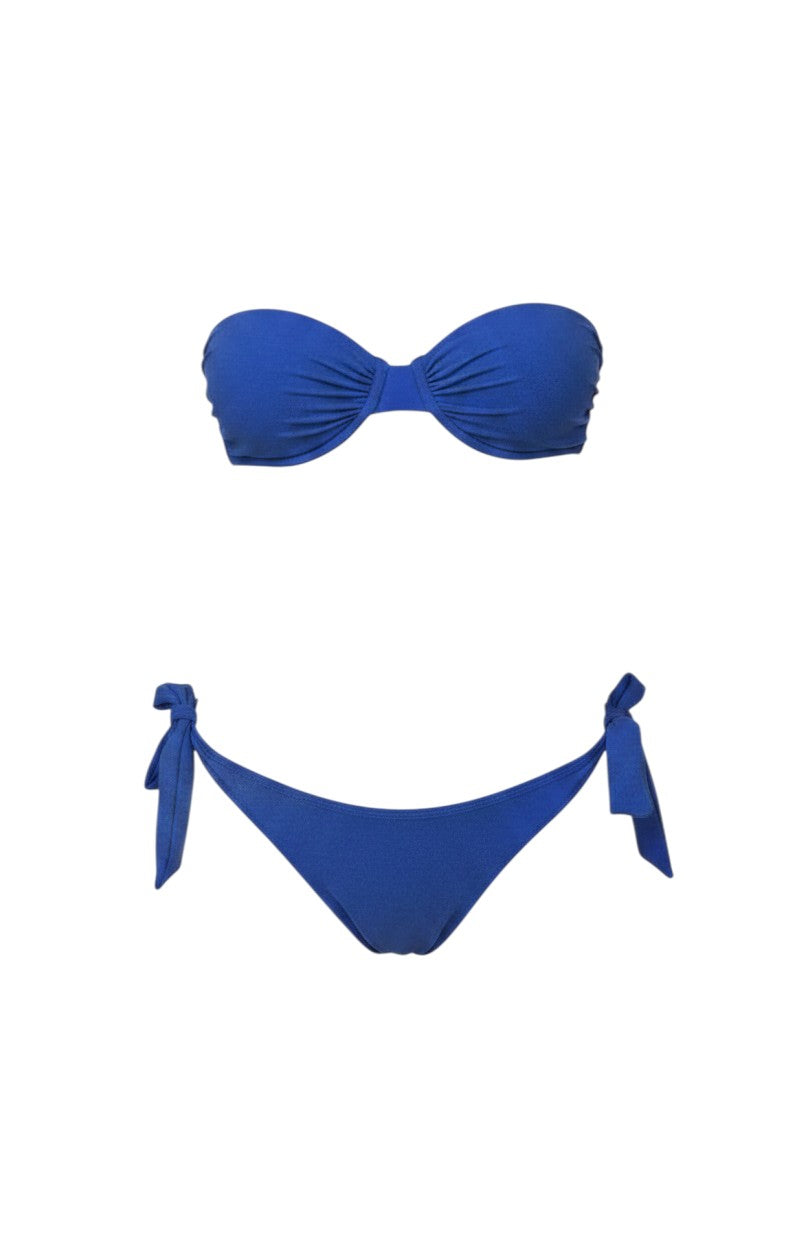 Belezini strapless cobalt blue bikini set with twisted bandeau top and adjustable tie-side bottoms.