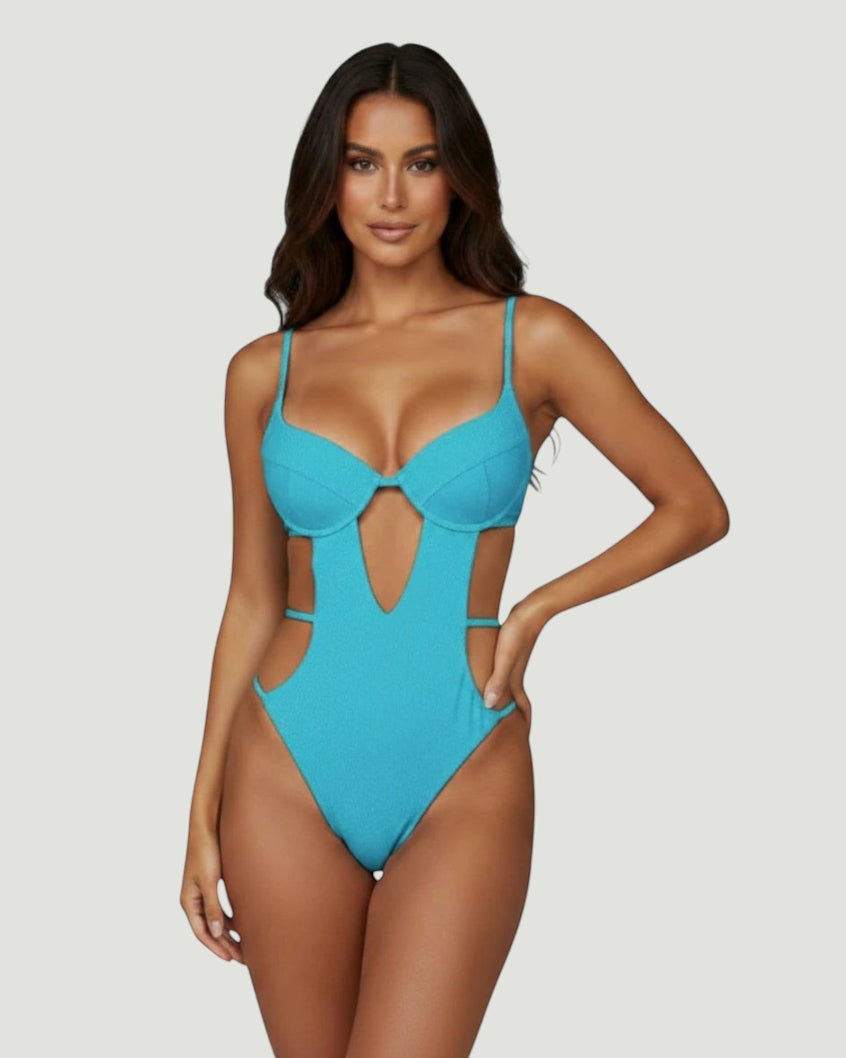 Belezini teal one-piece swimsuit with plunging neckline, cut-out sides, and strappy details. Textured shimmering fabric.