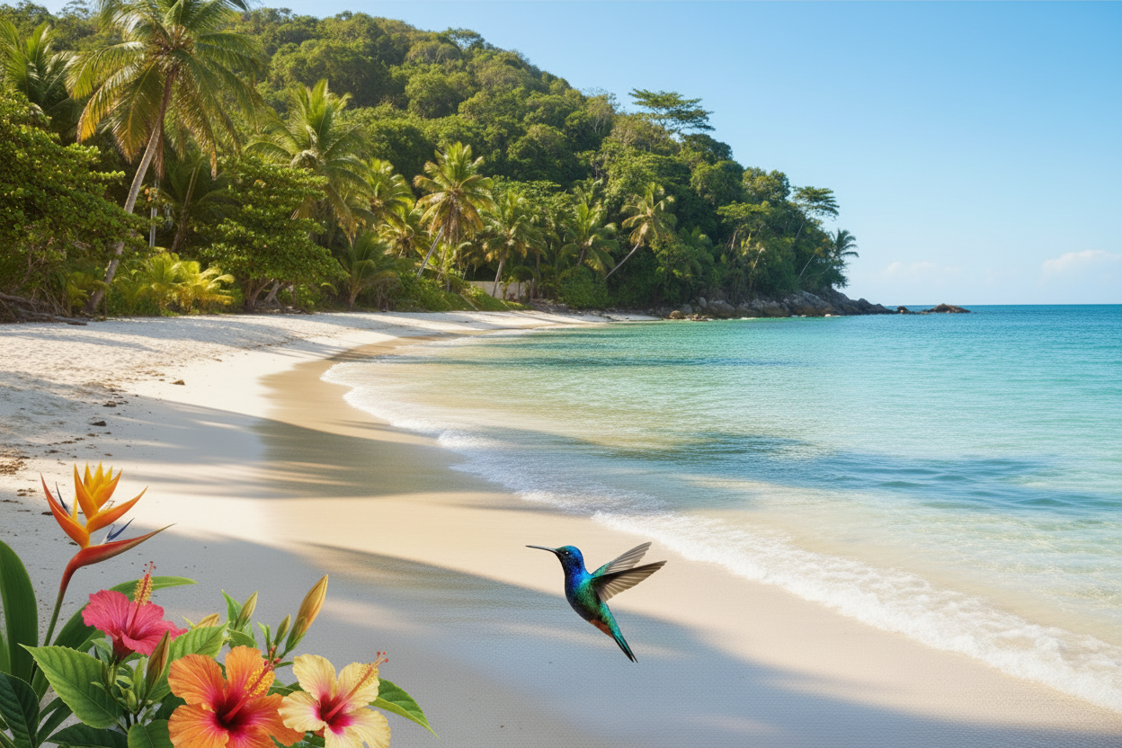 Photorealistic Brazilian Beach with Hummingbird